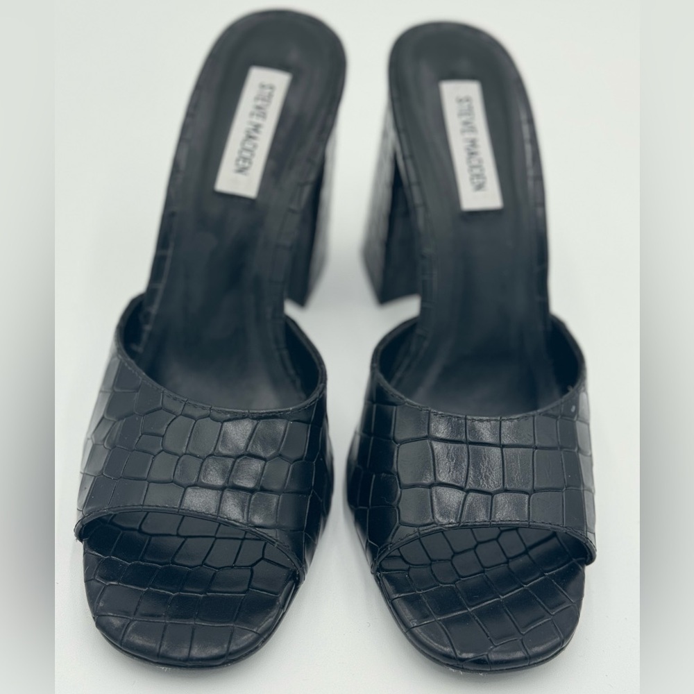 Steve Madden Black Croc-Embossed Open-Toe Block Heel Mules